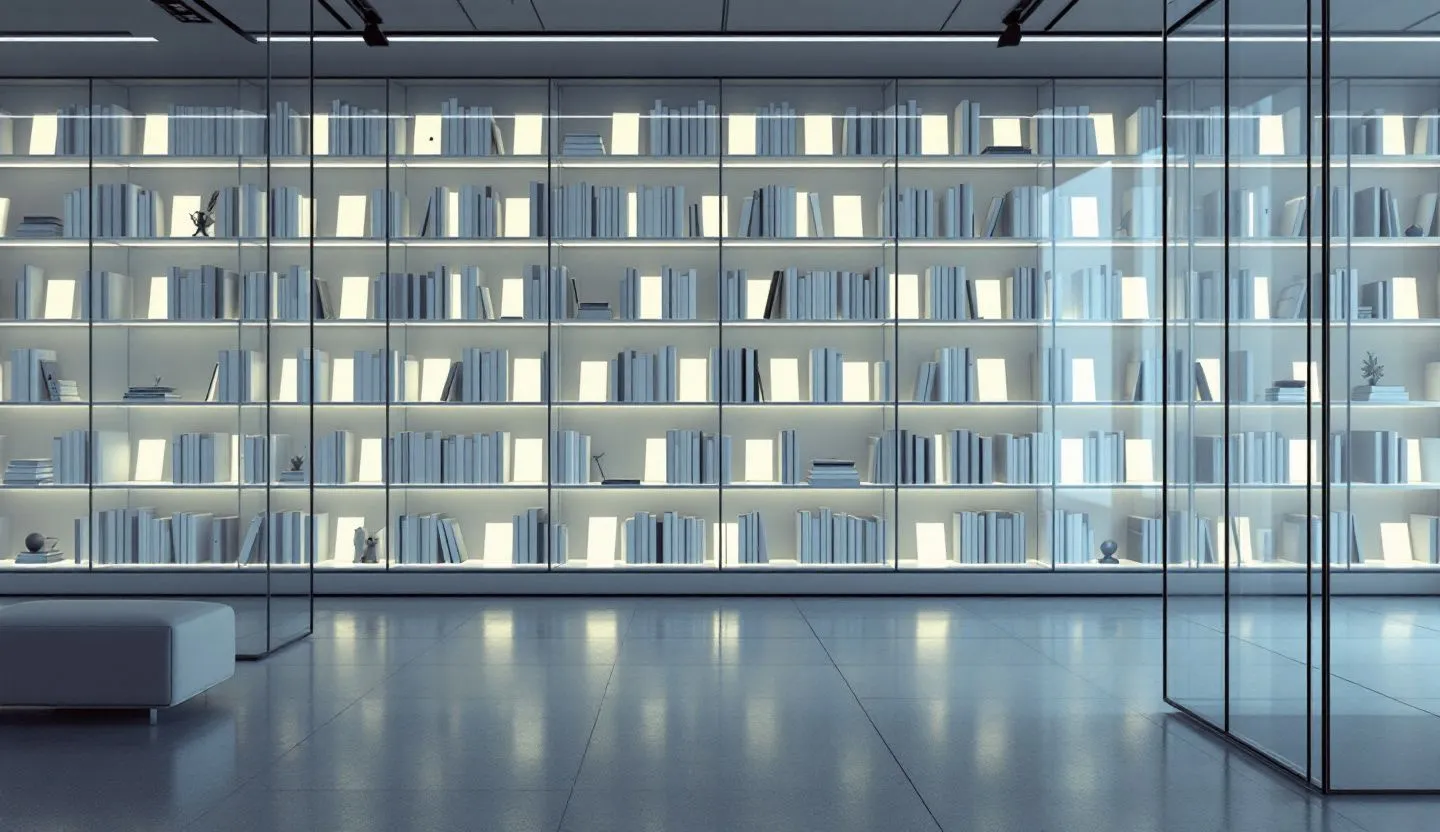 A library of digital books, each created by AI, highlighting topics from deep science to creative novels. Style realistic and minimalistic