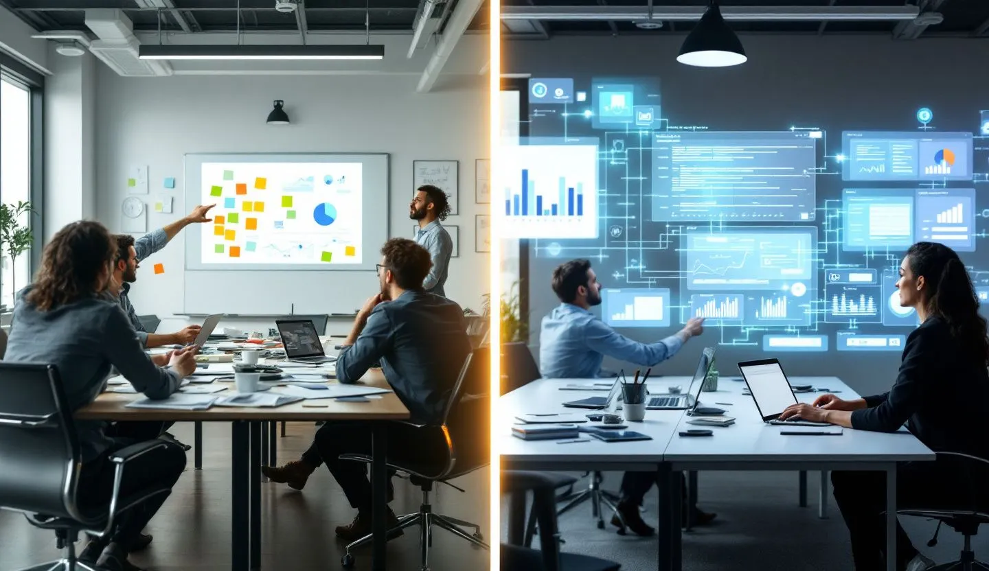 A sequence showing the evolution of a brand's strategy before and after AI integration, highlighting effectiveness. Style realistic and minimalistic