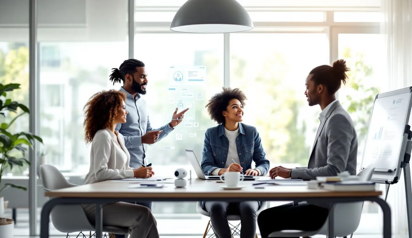 A team collaborating in a modern office with AI technology helping streamline tasks. Style realistic and minimalistic