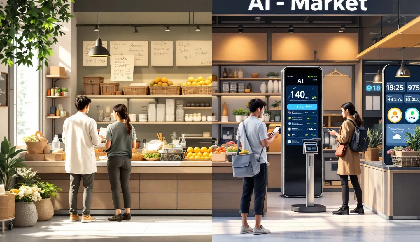 A digital collage showing before and after scenarios of consumer behavior in markets influenced by AI. Style realistic and minimalistic