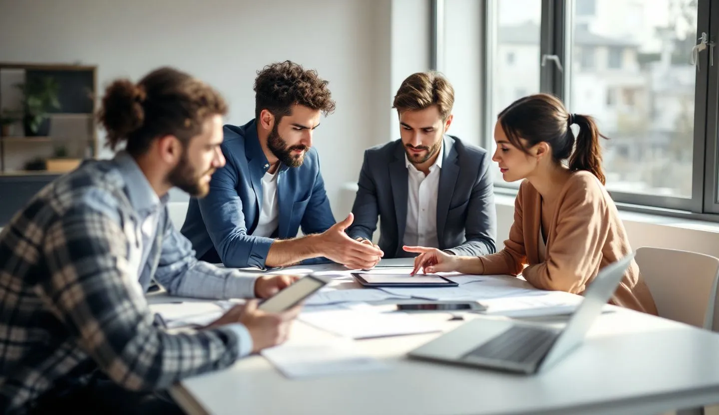 A team working on AI-generated reports for business planning. Style realistic and minimalistic