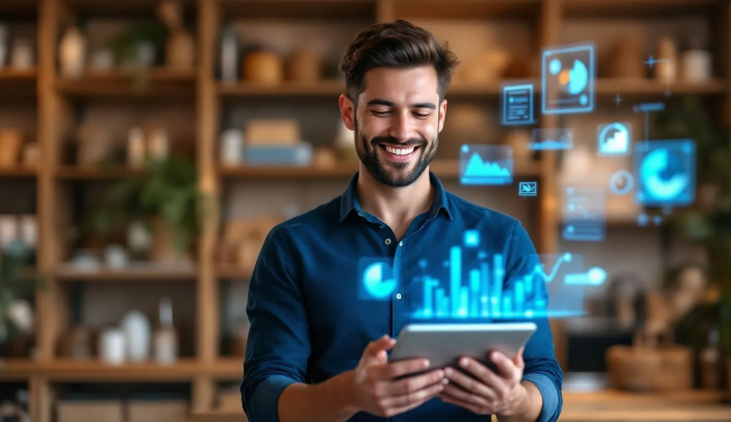 Happy small business owner using a tablet with holographic AI interface glowing softly