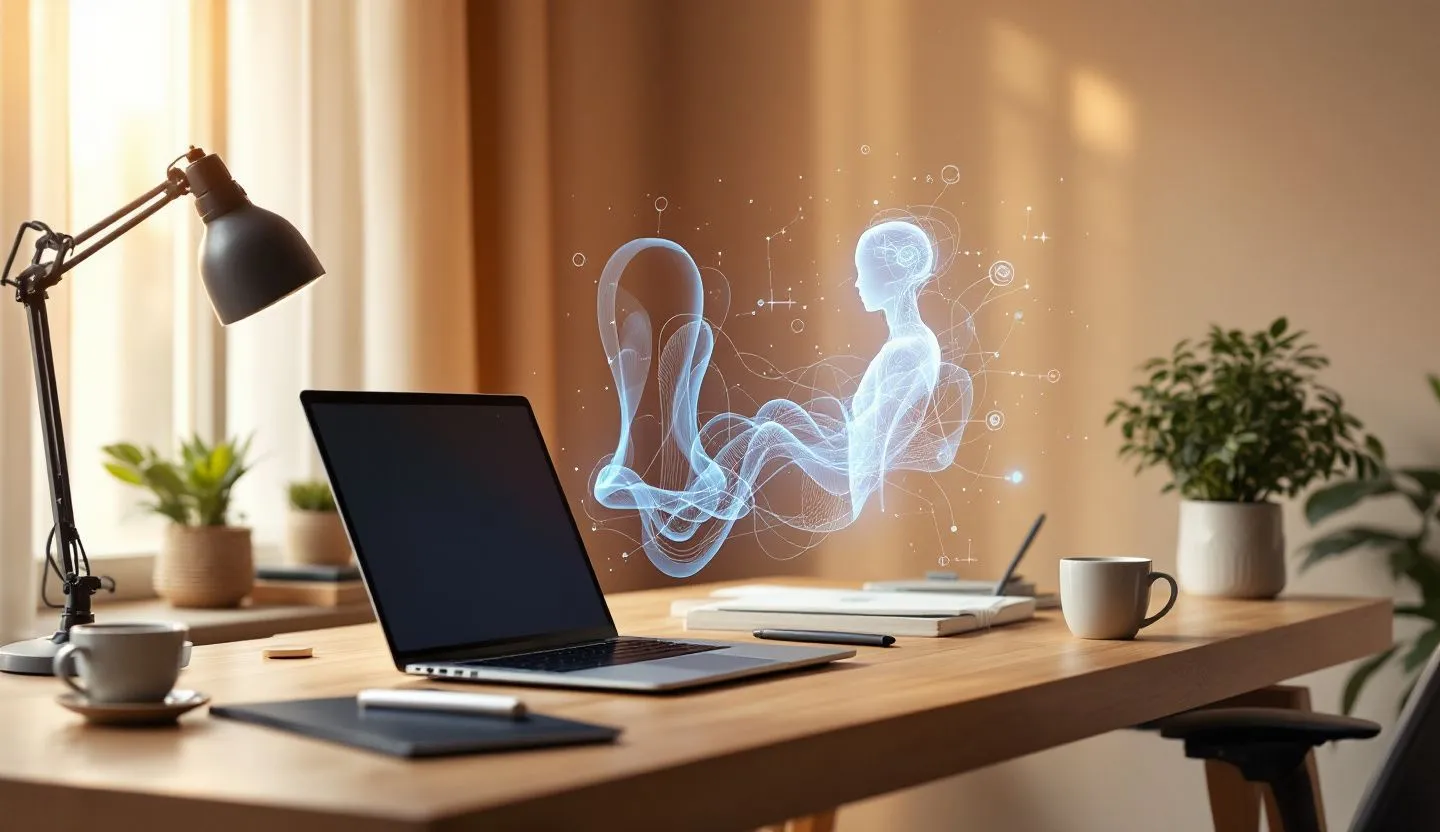 Cozy workspace or studio with a laptop and AI assistant visual (glow, abstract tech overlay)