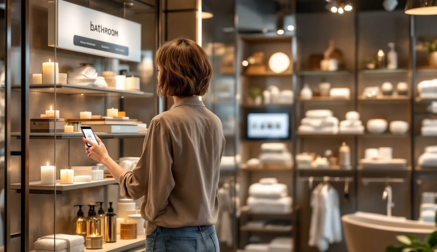 Customer browsing a Bathing Area product/service with personalized recommendation card (no text)
