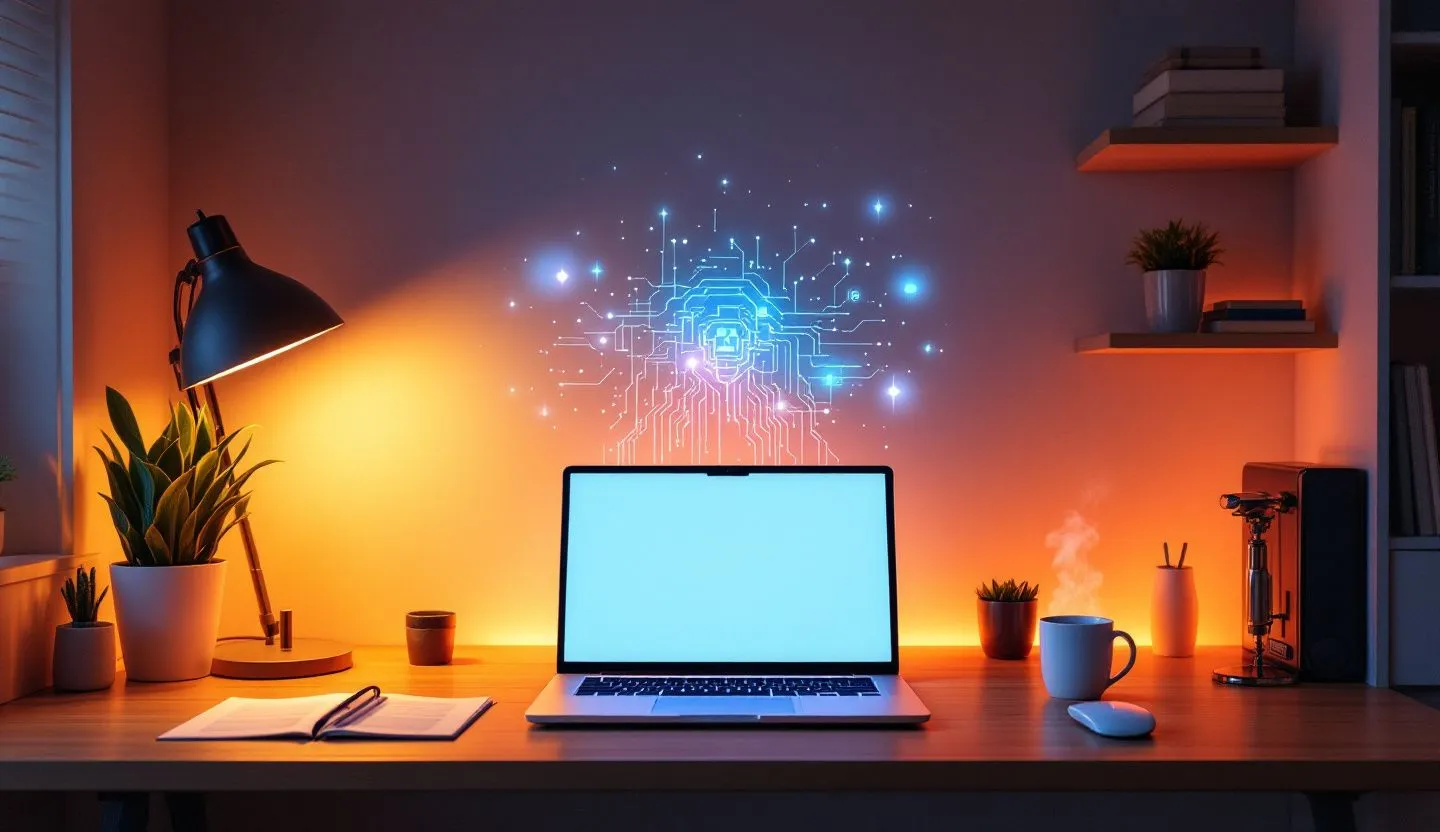 Cozy workspace or studio with a laptop and AI assistant visual (glow, abstract tech overlay)