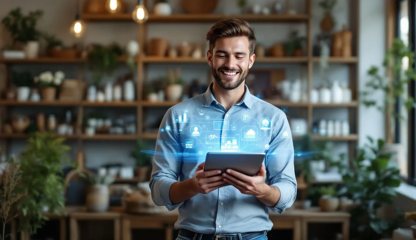 Happy small business owner using a tablet with holographic AI interface glowing softly