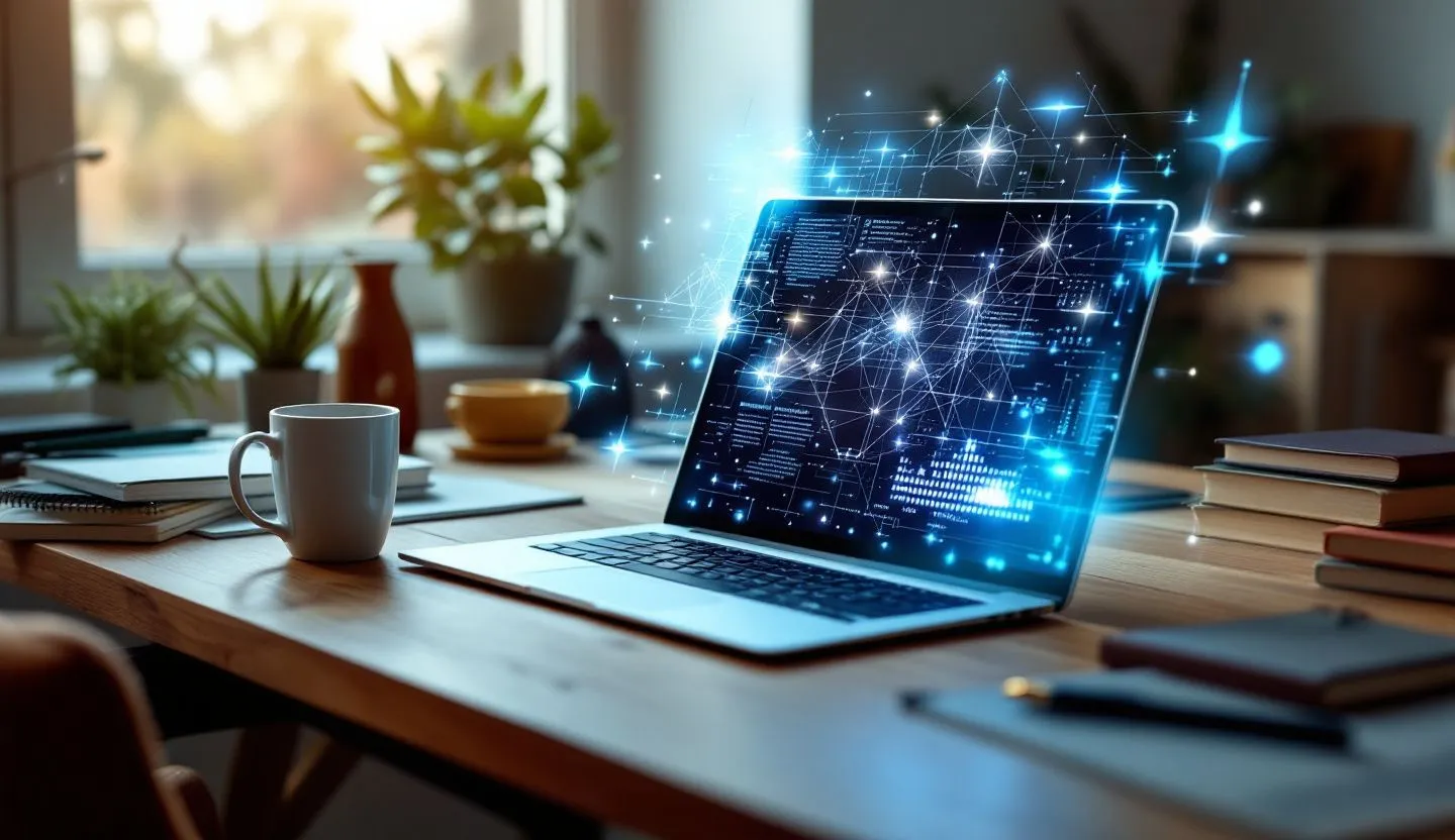 Cozy workspace or studio with a laptop and AI assistant visual (glow, abstract tech overlay)