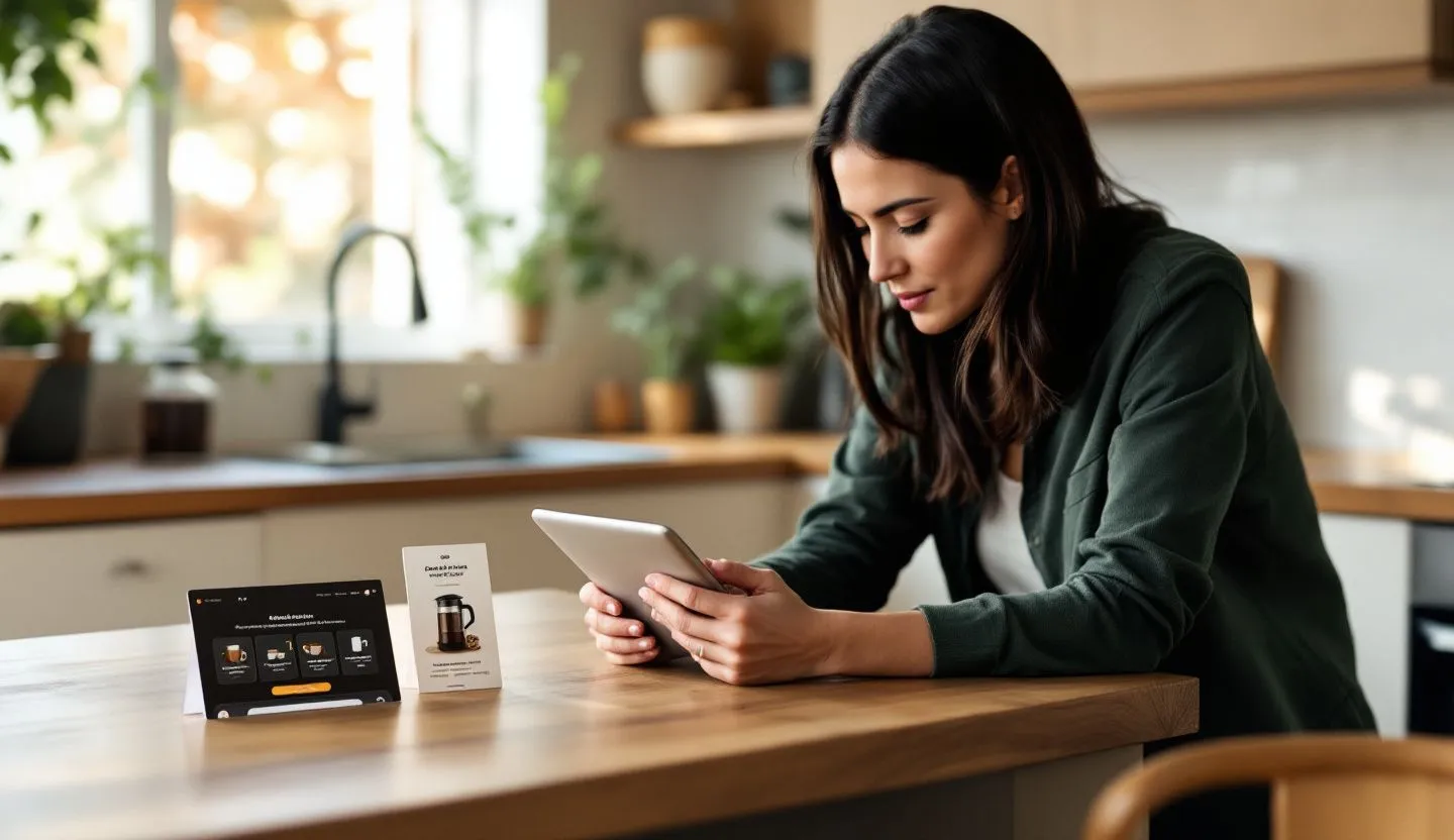 Customer browsing a Coffee & Tea Supplies product/service with personalized recommendation card (no text)