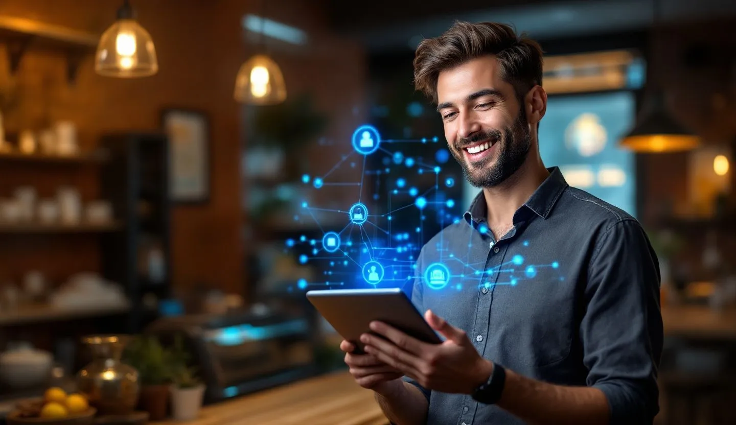 Happy small business owner using a tablet with holographic AI interface glowing softly
