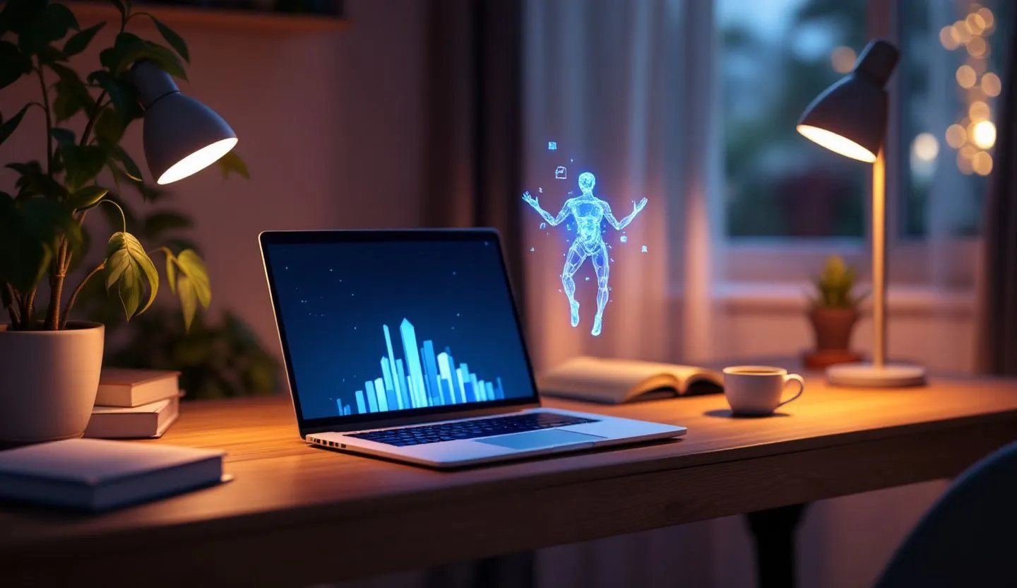 Cozy workspace or studio with a laptop and AI assistant visual (glow, abstract tech overlay)