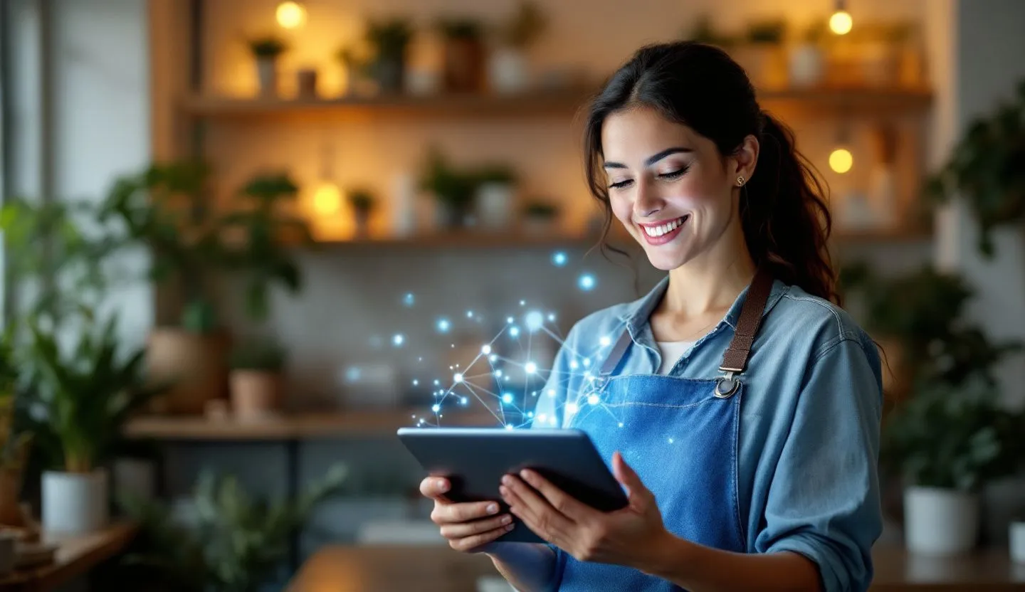 Happy small business owner using a tablet with holographic AI interface glowing softly