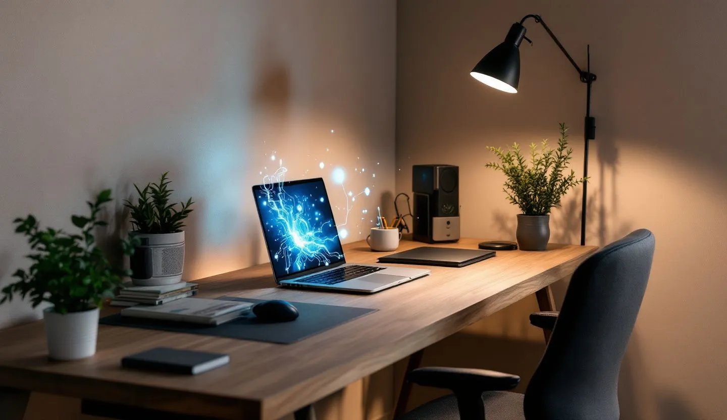 Cozy workspace or studio with a laptop and AI assistant visual (glow, abstract tech overlay)