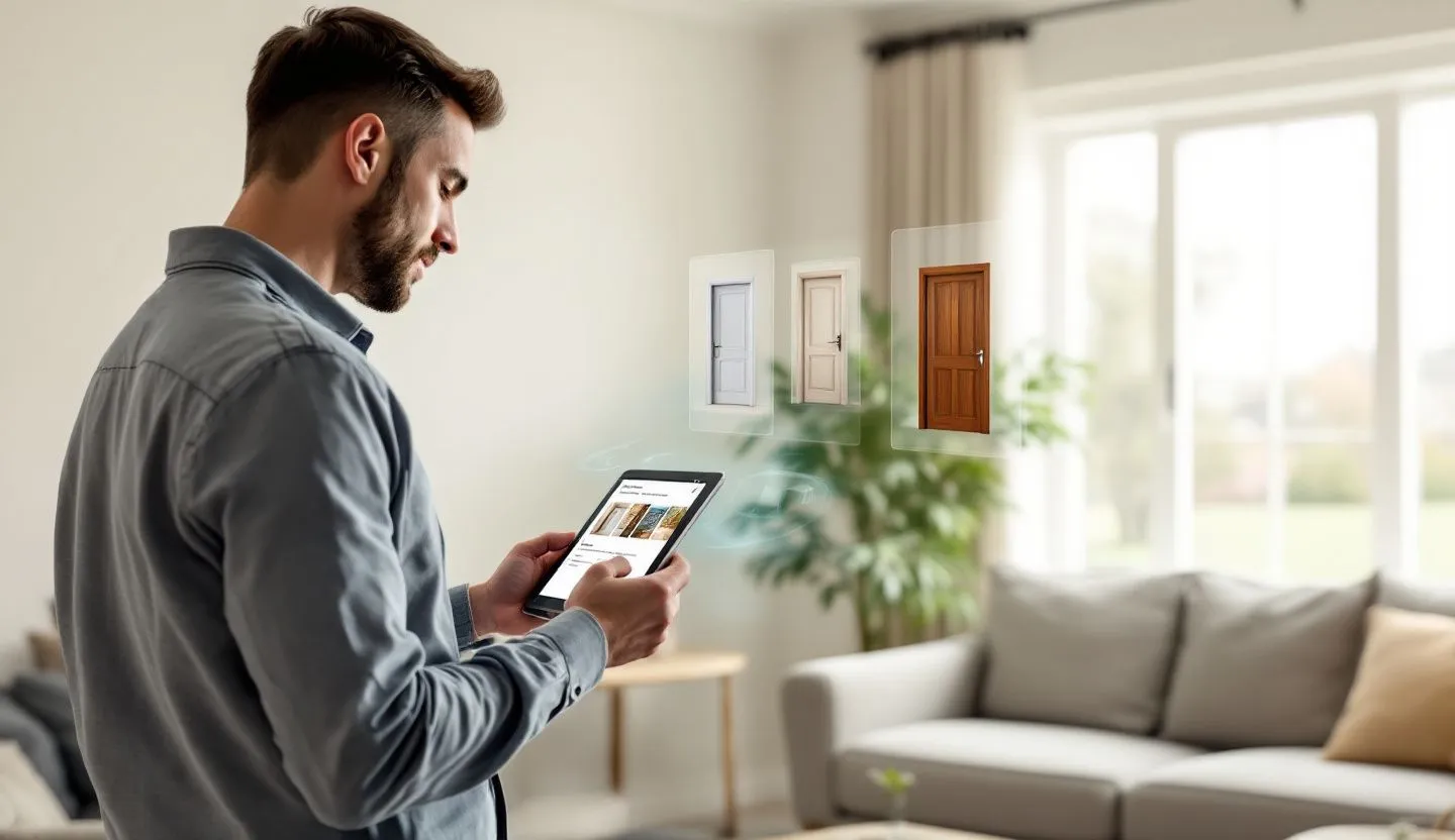 Customer browsing a Door Sales & Installation product/service with personalized recommendation card (no text)