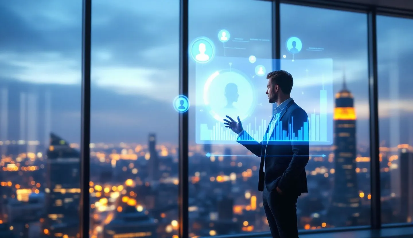 Business owner viewing customer insights with a light futuristic interface