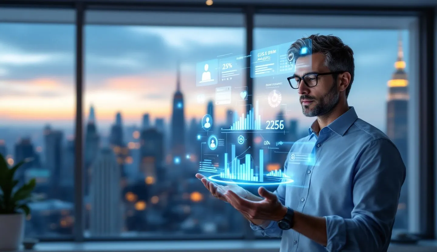 Business owner viewing customer insights with a light futuristic interface