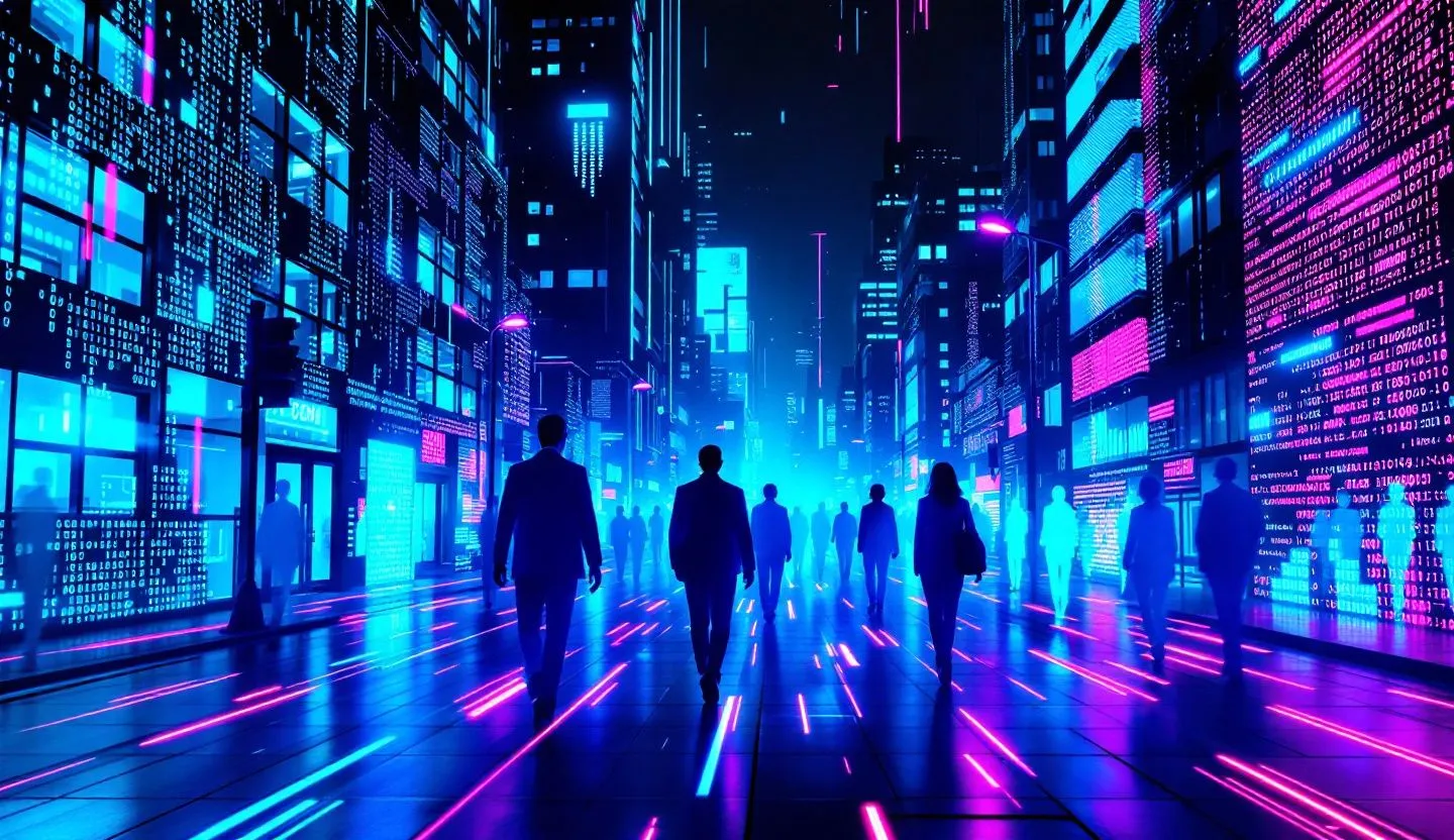 Abstract human figures walking through a data-lit city street, symbolizing customer targeting