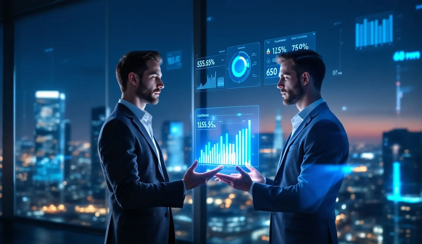 Business owner viewing customer insights with a light futuristic interface