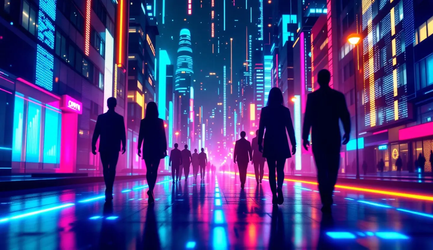 Abstract human figures walking through a data-lit city street, symbolizing customer targeting