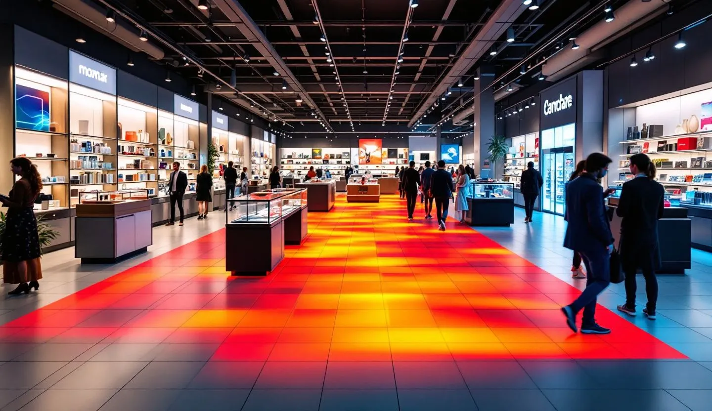 Smart store interior with customer behavior heatmap visual overlay (no text)