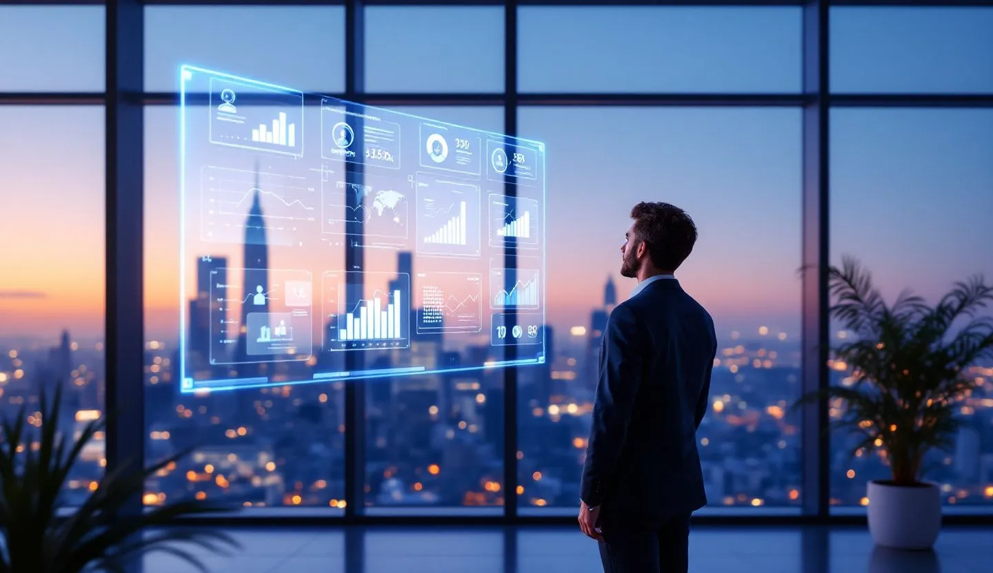Business owner viewing customer insights with a light futuristic interface