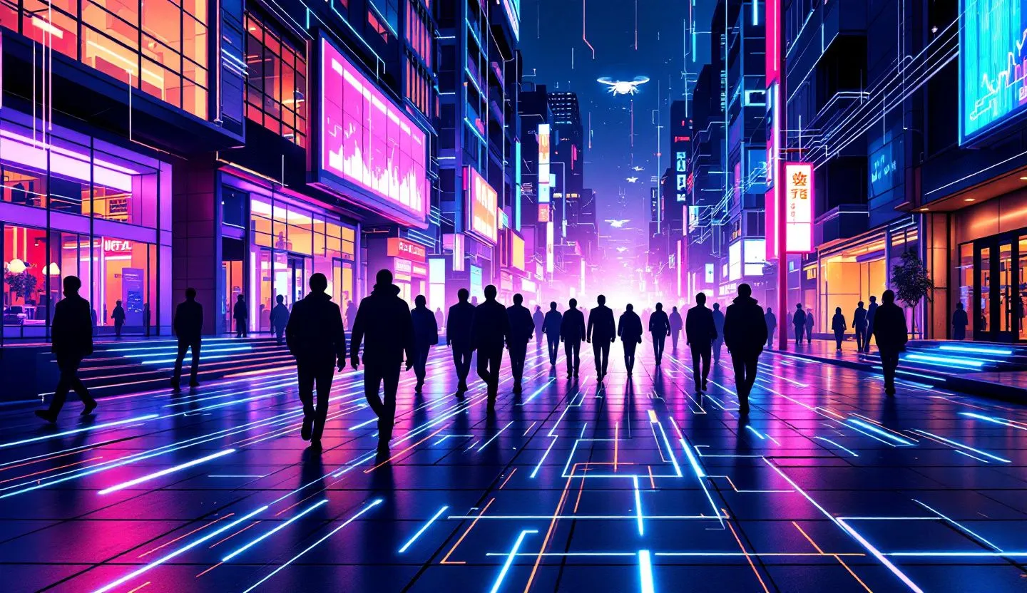 Abstract human figures walking through a data-lit city street, symbolizing customer targeting