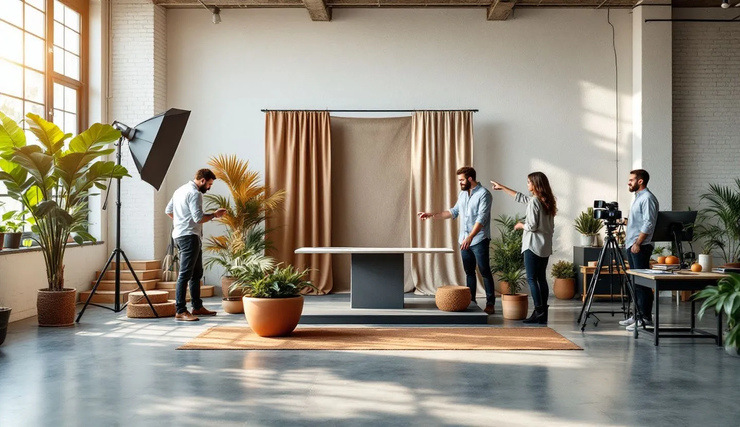 Wide or angled team perspective: marketing team styling a photo set for a cohesive brand campaign in a daylight studio. Editorial photography, cinematic lighting in a modern professional workspace. Do not show split screens, clutter, text, UI elements, logos, graphs, or charts. Avoid cartoonish effects.