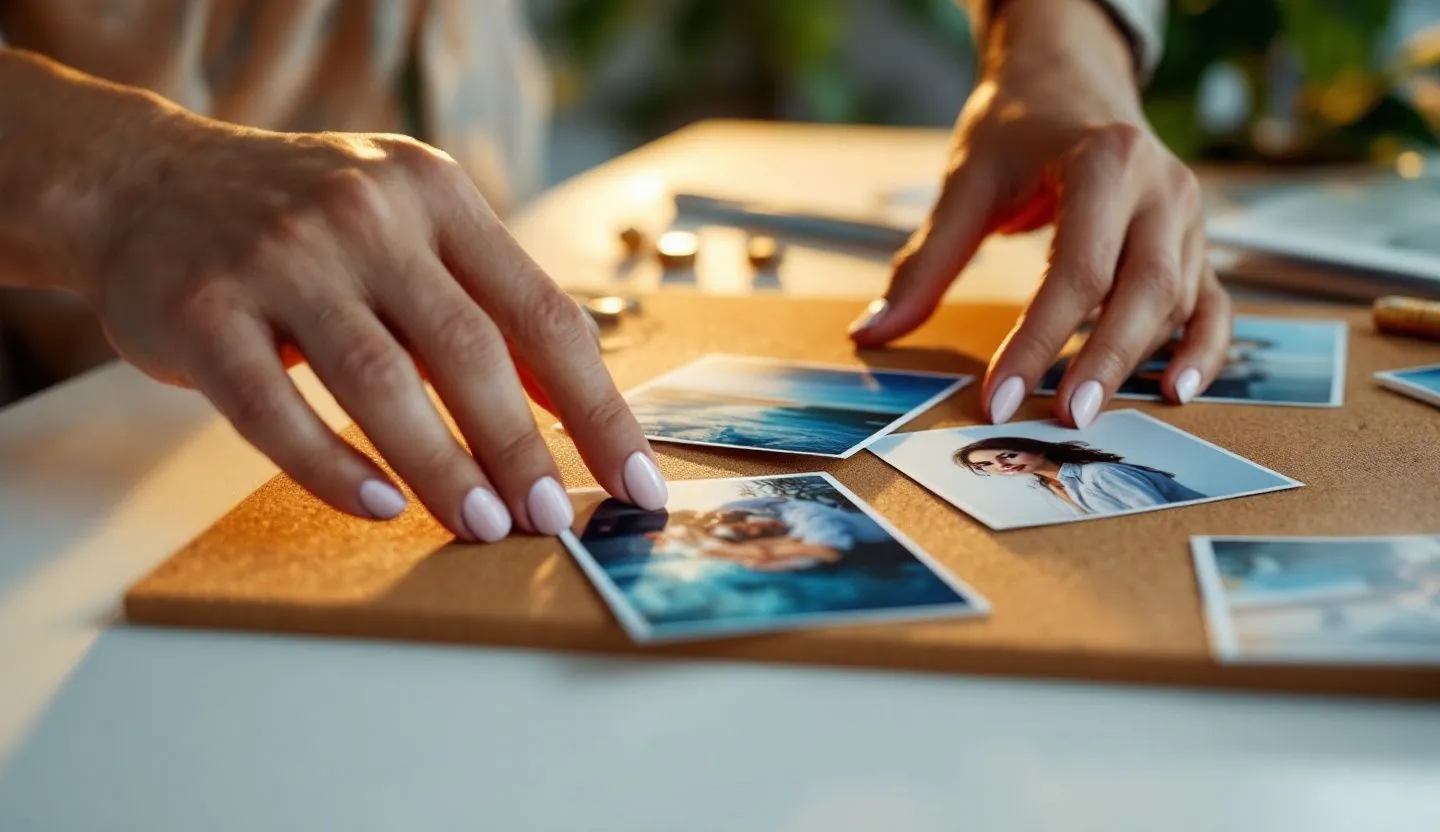Close-up or macro detail: macro of hands arranging printed image tiles on a cork board for a consistent feed look. Editorial photography, cinematic lighting in a modern professional workspace. Do not show split screens, clutter, text, UI elements, logos, graphs, or charts. Avoid cartoonish effects.