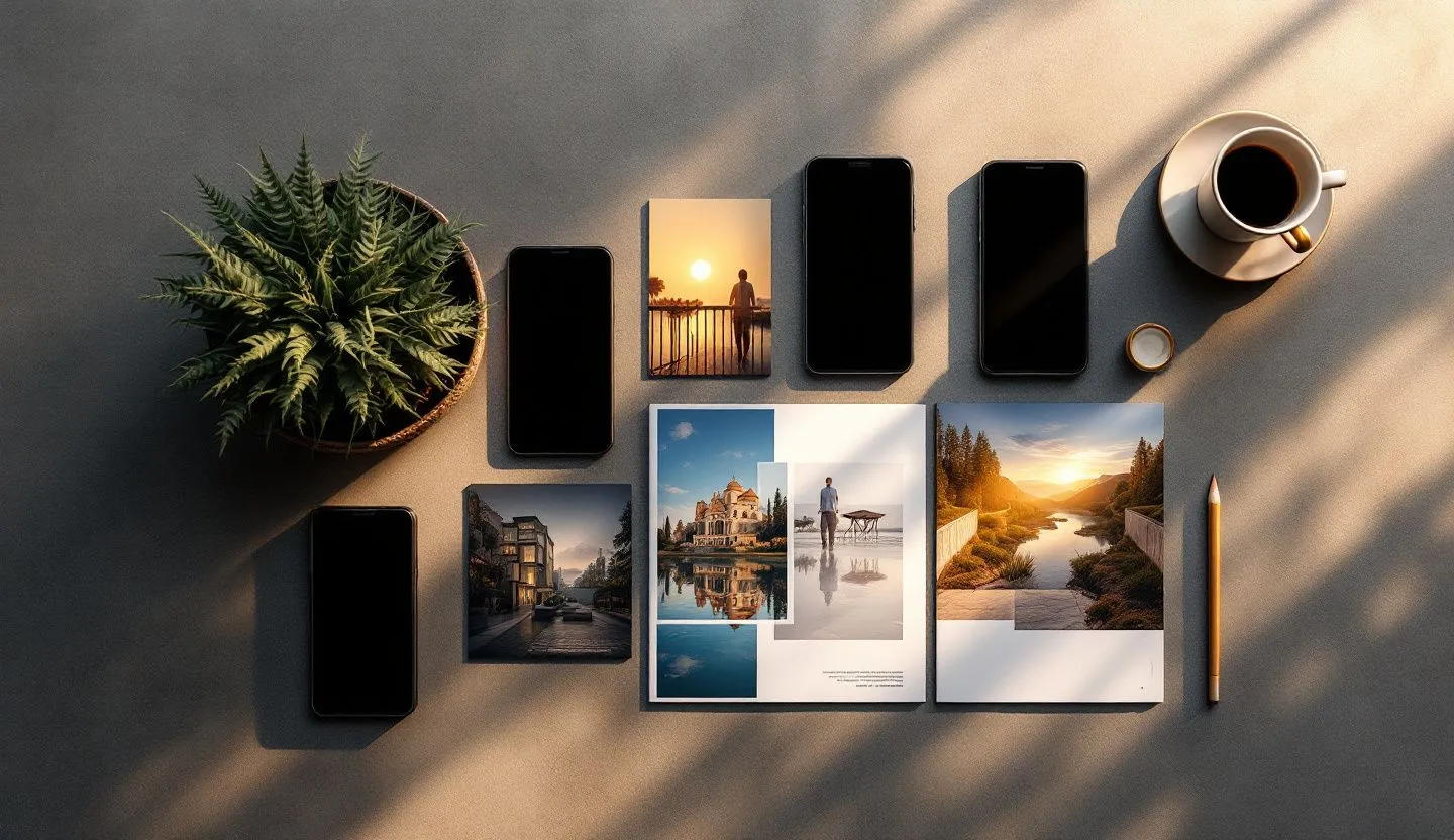 Overhead or angled tabletop composition: top-down of props, phones, and image tiles arranged as a clean content plan. Editorial photography, cinematic lighting in a modern professional workspace. Do not show split screens, clutter, text, UI elements, logos, graphs, or charts. Avoid cartoonish effects.