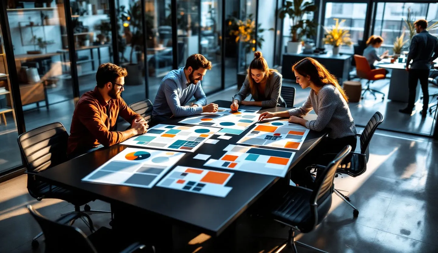 Wide or angled team perspective: team reviewing unified style tiles and color swatch boards in a glass-walled office. Editorial photography, cinematic lighting in a modern professional workspace. Do not show split screens, clutter, text, UI elements, logos, graphs, or charts. Avoid cartoonish effects.