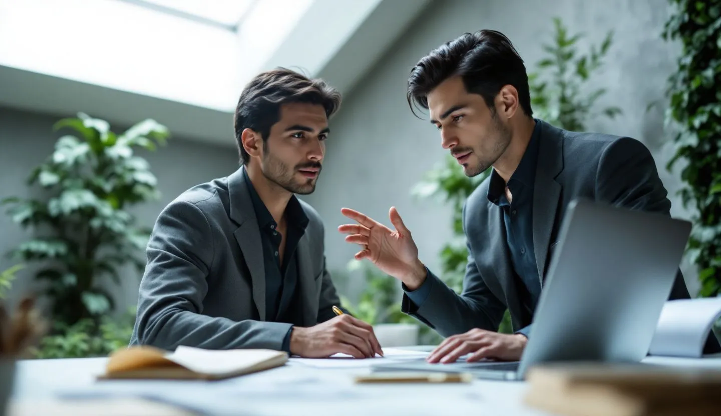 Over-the-shoulder or side-profile: designer gesturing to clean, abstract layout blocks on a laptop kept mostly out of frame. Editorial photography, cinematic lighting in a modern professional workspace. Do not show split screens, clutter, text, UI elements, logos, graphs, or charts. Avoid cartoonish effects.