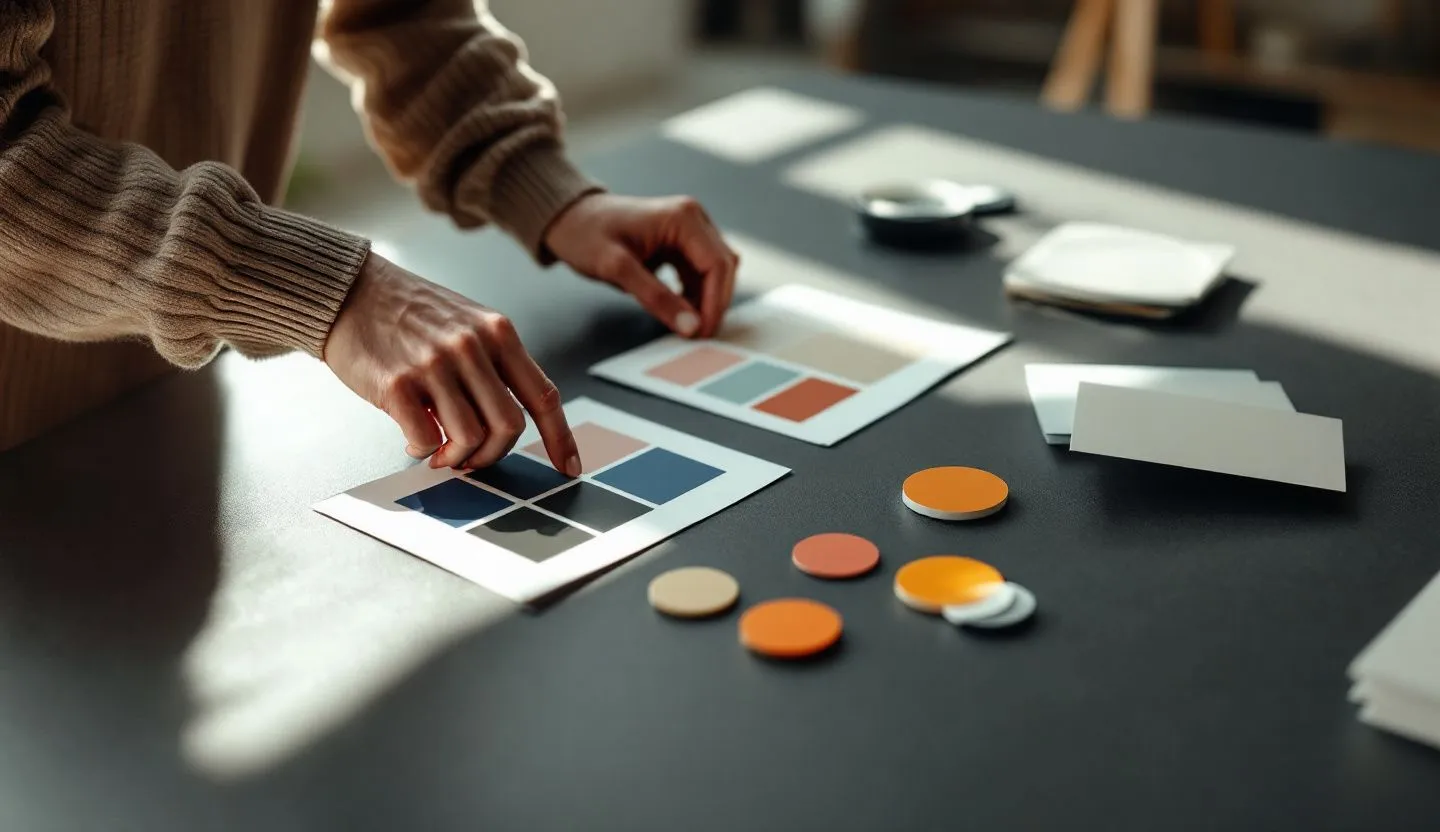 Close-up or macro detail: hands aligning printed layout cards and color chips with precise edges. Editorial photography, cinematic lighting in a modern professional workspace. Do not show split screens, clutter, text, UI elements, logos, graphs, or charts. Avoid cartoonish effects.