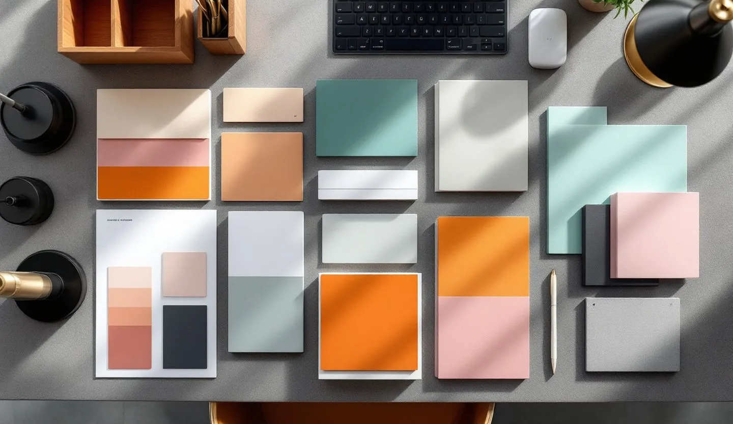 Overhead or angled tabletop composition: flat lay of style tiles, color cards, and paper mockups arranged in a tidy grid. Editorial photography, cinematic lighting in a modern professional workspace. Do not show split screens, clutter, text, UI elements, logos, graphs, or charts. Avoid cartoonish effects.