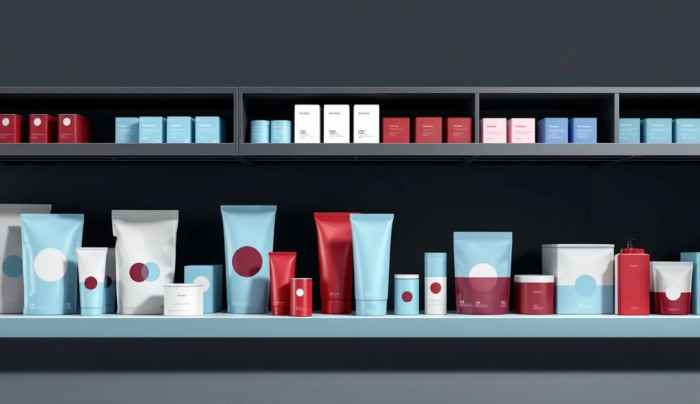 A product shelf displaying items from two brands, cleverly combined into co-branded packages. Style realistic and minimalistic