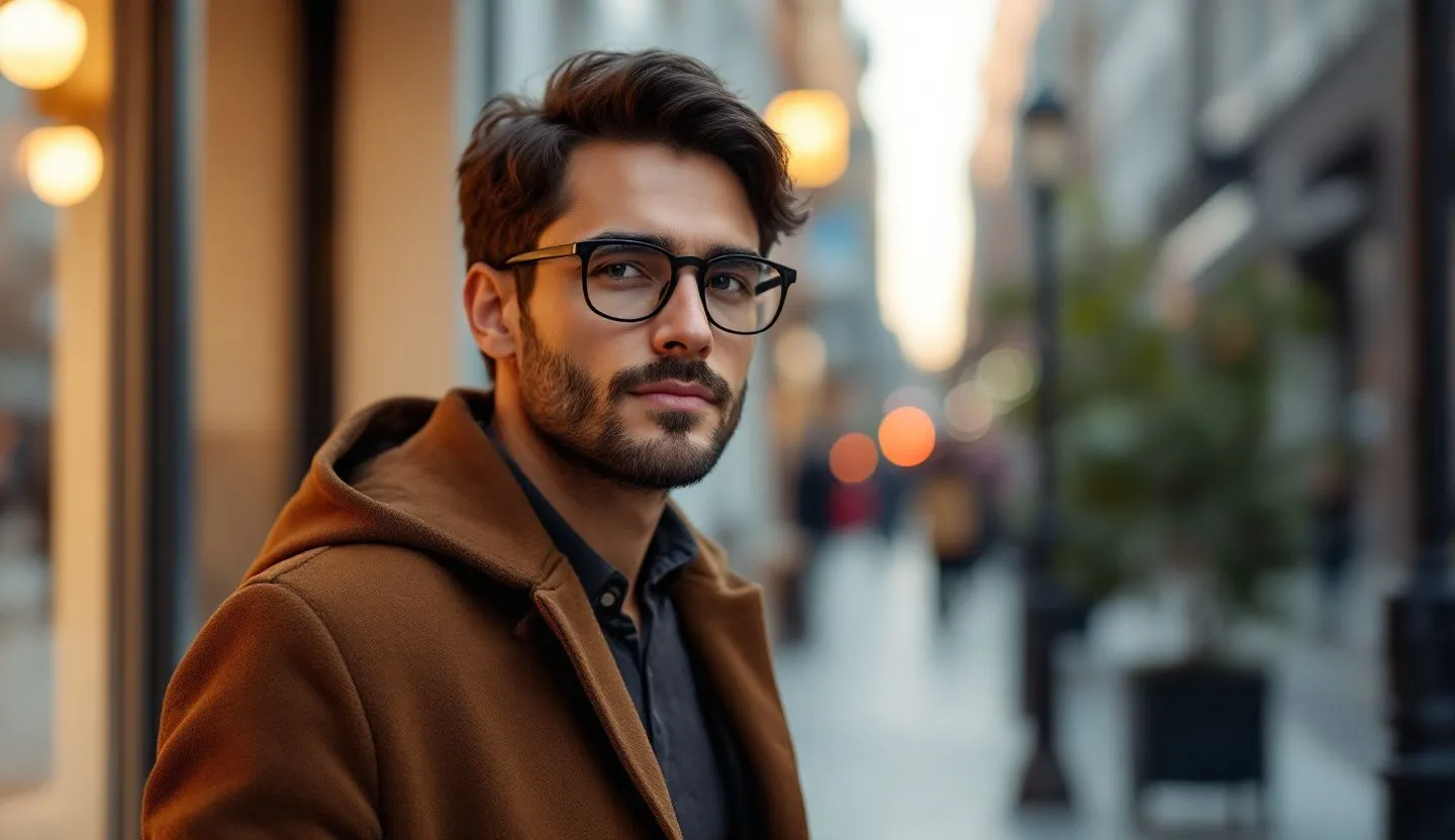 A customer wearing glasses that filter their view to align with the brand’s identity, altering their perception. Style realistic and minimalistic