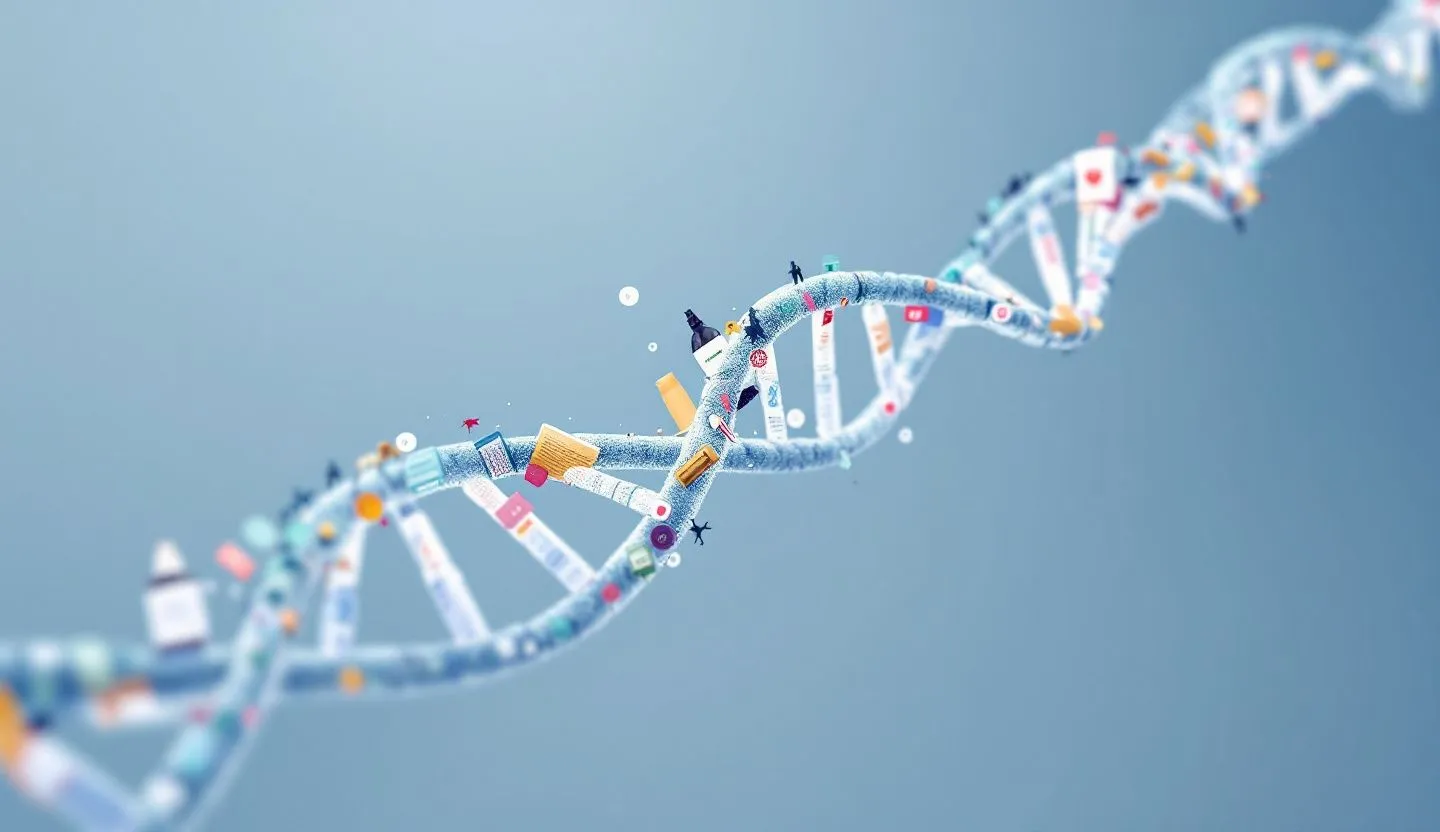 A DNA strand composed of various brand elements, symbolizing the genetic consistency of the brand’s identity. Style realistic and minimalistic