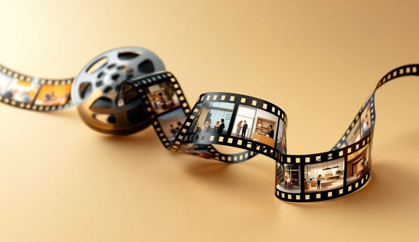 A film reel unspooling, with each frame capturing a key moment in a brand's story. Style realistic and minimalistic