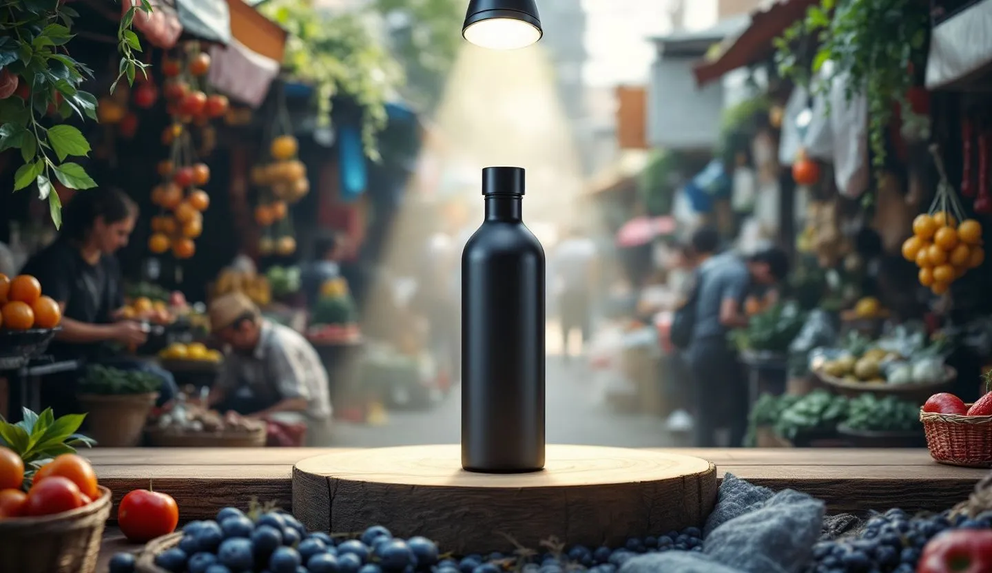 A spotlight shining on a product in a crowded market, illustrating the draw of strong branding. Style realistic and minimalistic