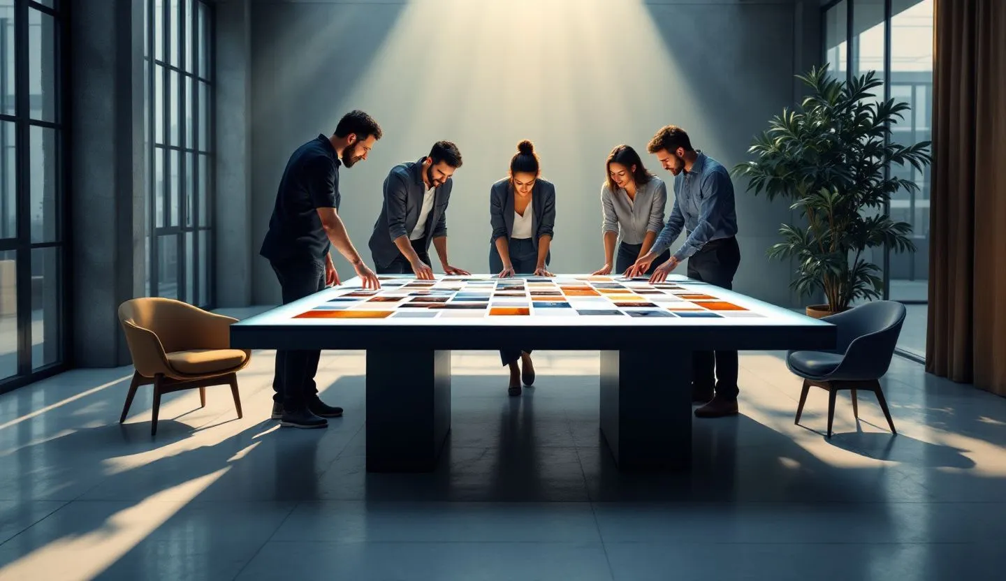 Wide or angled team perspective: team curating image mood boards with abstract photo tiles around a light table. Editorial photography, cinematic lighting in a modern professional workspace. Do not show split screens, clutter, text, UI elements, logos, graphs, or charts. Avoid cartoonish effects.