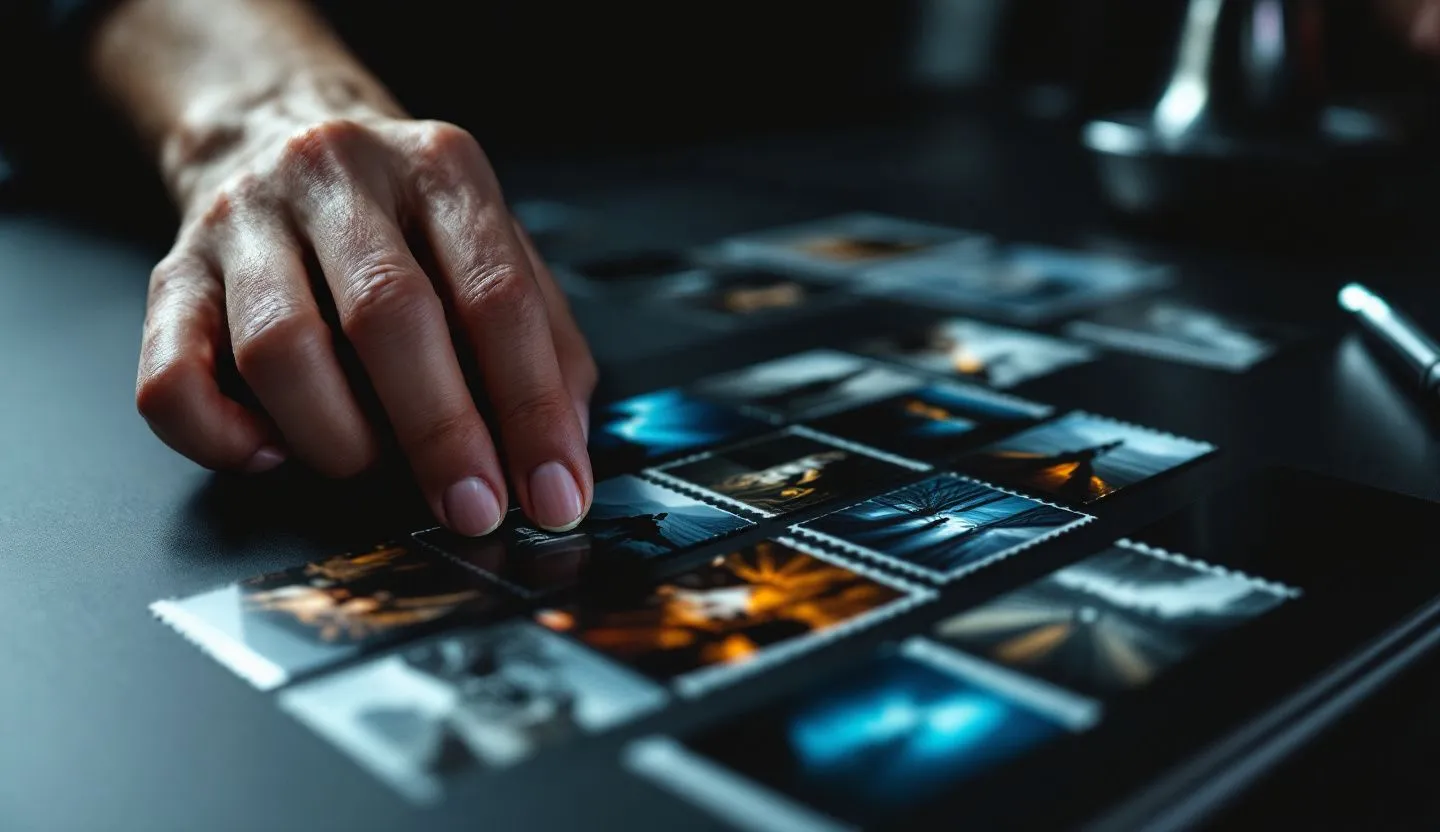 Close-up or macro detail: close-up of fingers sorting printed contact-sheet tiles with diverse imagery. Editorial photography, cinematic lighting in a modern professional workspace. Do not show split screens, clutter, text, UI elements, logos, graphs, or charts. Avoid cartoonish effects.