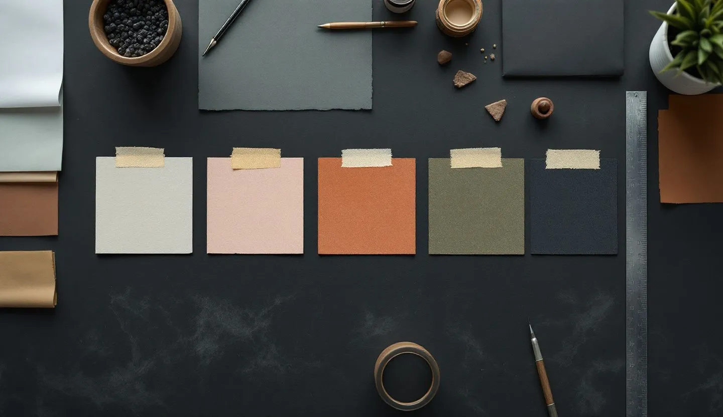 Overhead or angled tabletop composition: flat lay of gradient swatches, image tiles, and masking tape tabs in clean symmetry. Editorial photography, cinematic lighting in a modern professional workspace. Do not show split screens, clutter, text, UI elements, logos, graphs, or charts. Avoid cartoonish effects.
