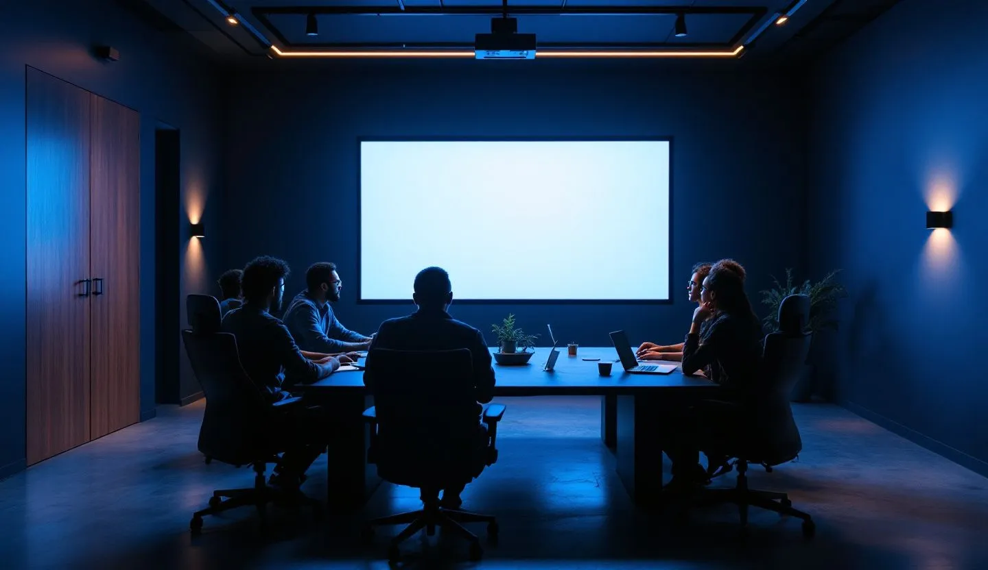 Wide or angled team perspective: motion team reviewing animation beats with a projector glow in a darkened room. Editorial photography, cinematic lighting in a modern professional workspace. Do not show split screens, clutter, text, UI elements, logos, graphs, or charts. Avoid cartoonish effects.