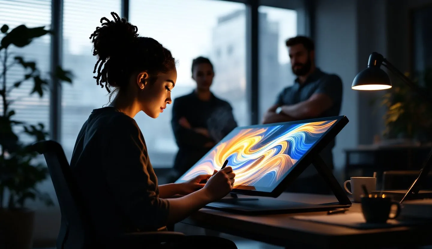 Over-the-shoulder or side-profile: animator with a pen display drawing motion arcs while colleagues observe. Editorial photography, cinematic lighting in a modern professional workspace. Do not show split screens, clutter, text, UI elements, logos, graphs, or charts. Avoid cartoonish effects.