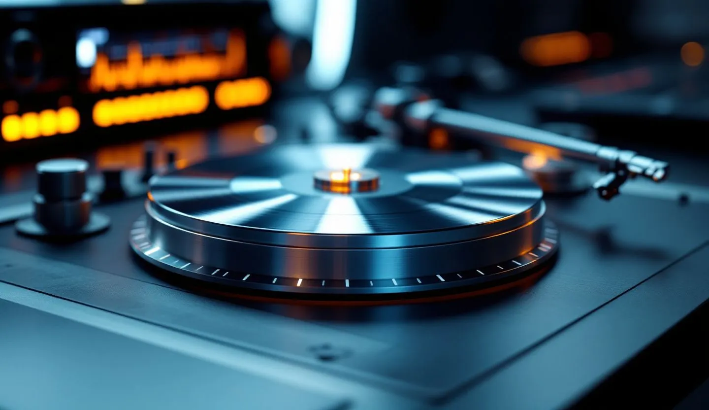 Close-up or macro detail: close-up of a rotating turntable model beside a timing wheel. Editorial photography, cinematic lighting in a modern professional workspace. Do not show split screens, clutter, text, UI elements, logos, graphs, or charts. Avoid cartoonish effects.