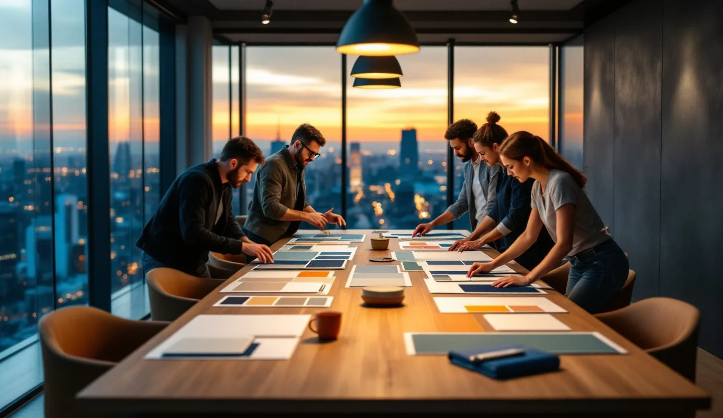 Wide or angled team perspective: team reviewing unified style tiles and color swatch boards in a glass-walled office. Editorial photography, cinematic lighting in a modern professional workspace. Do not show split screens, clutter, text, UI elements, logos, graphs, or charts. Avoid cartoonish effects.