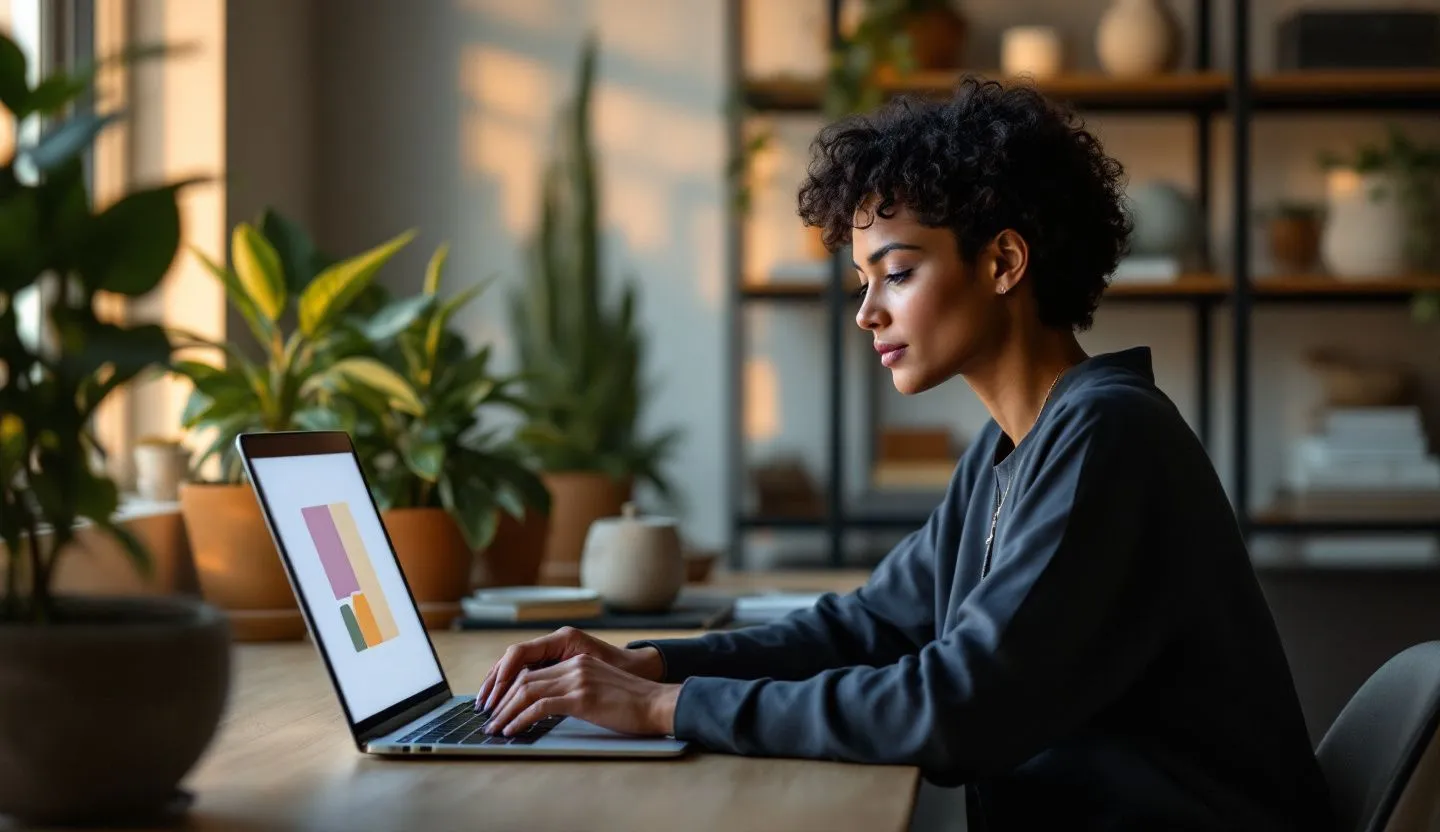 Over-the-shoulder or side-profile: designer gesturing to clean, abstract layout blocks on a laptop kept mostly out of frame. Editorial photography, cinematic lighting in a modern professional workspace. Do not show split screens, clutter, text, UI elements, logos, graphs, or charts. Avoid cartoonish effects.