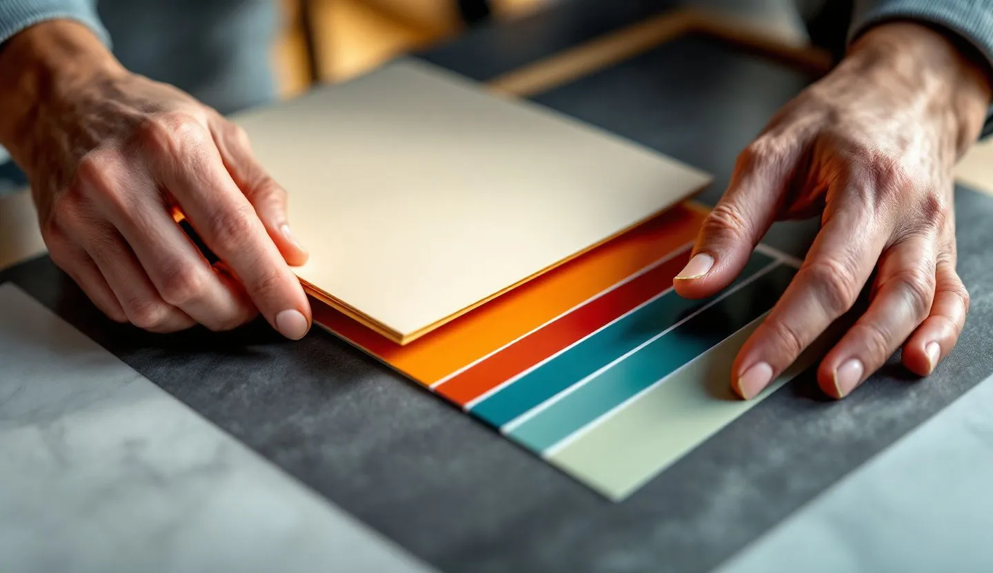 Close-up or macro detail: hands aligning printed layout cards and color chips with precise edges. Editorial photography, cinematic lighting in a modern professional workspace. Do not show split screens, clutter, text, UI elements, logos, graphs, or charts. Avoid cartoonish effects.