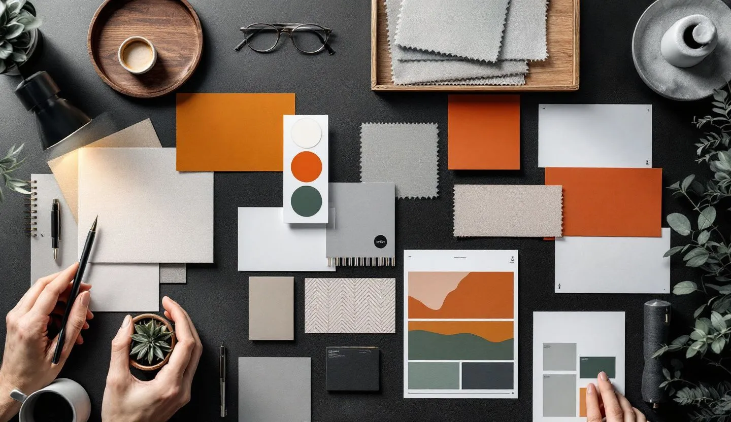 Overhead or angled tabletop composition: flat lay of style tiles, color cards, and paper mockups arranged in a tidy grid. Editorial photography, cinematic lighting in a modern professional workspace. Do not show split screens, clutter, text, UI elements, logos, graphs, or charts. Avoid cartoonish effects.