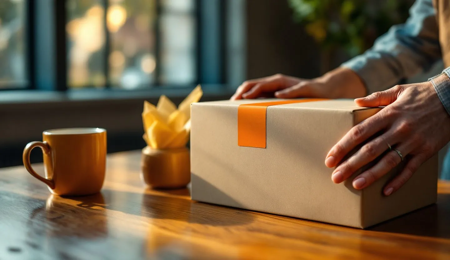 Close-up or macro detail: hands sealing a box with a plain brand-colored sticker and tissue paper. Editorial photography, cinematic lighting in a modern professional workspace. Do not show split screens, clutter, text, UI elements, logos, graphs, or charts. Avoid cartoonish effects.