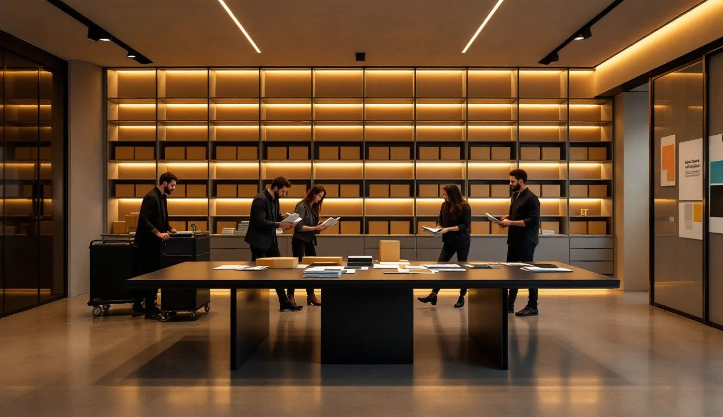 Wide or angled team perspective: brand team consolidating assets in a tidy war room with shelves of unlabeled archival boxes. Editorial photography, cinematic lighting in a modern professional workspace. Do not show split screens, clutter, text, UI elements, logos, graphs, or charts. Avoid cartoonish effects.