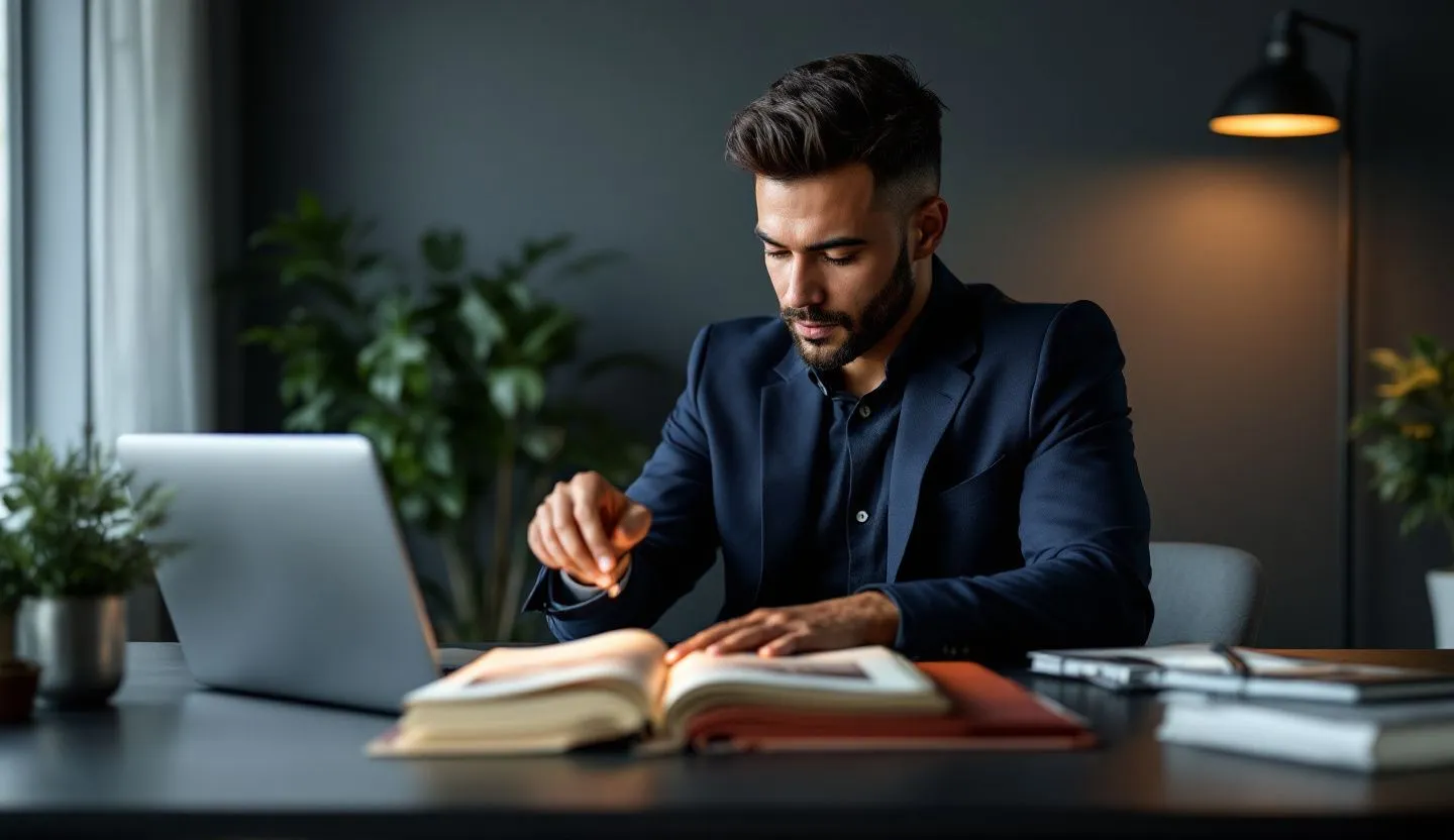 Over-the-shoulder or side-profile: brand manager referencing a laptop while sorting printed asset cards into folders. Editorial photography, cinematic lighting in a modern professional workspace. Do not show split screens, clutter, text, UI elements, logos, graphs, or charts. Avoid cartoonish effects.